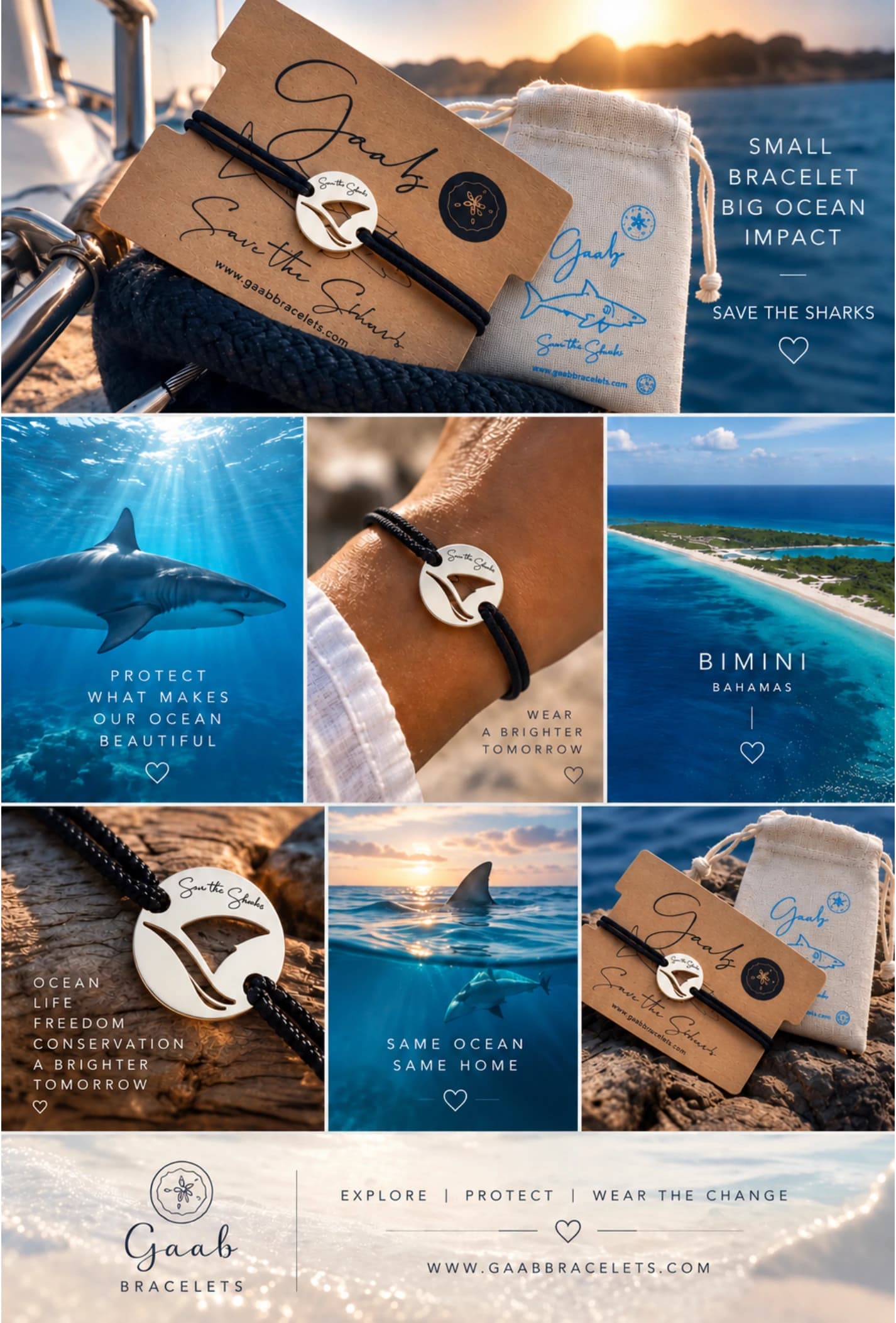 Save the Sharks bracelet, ocean conservation and Bimini collage